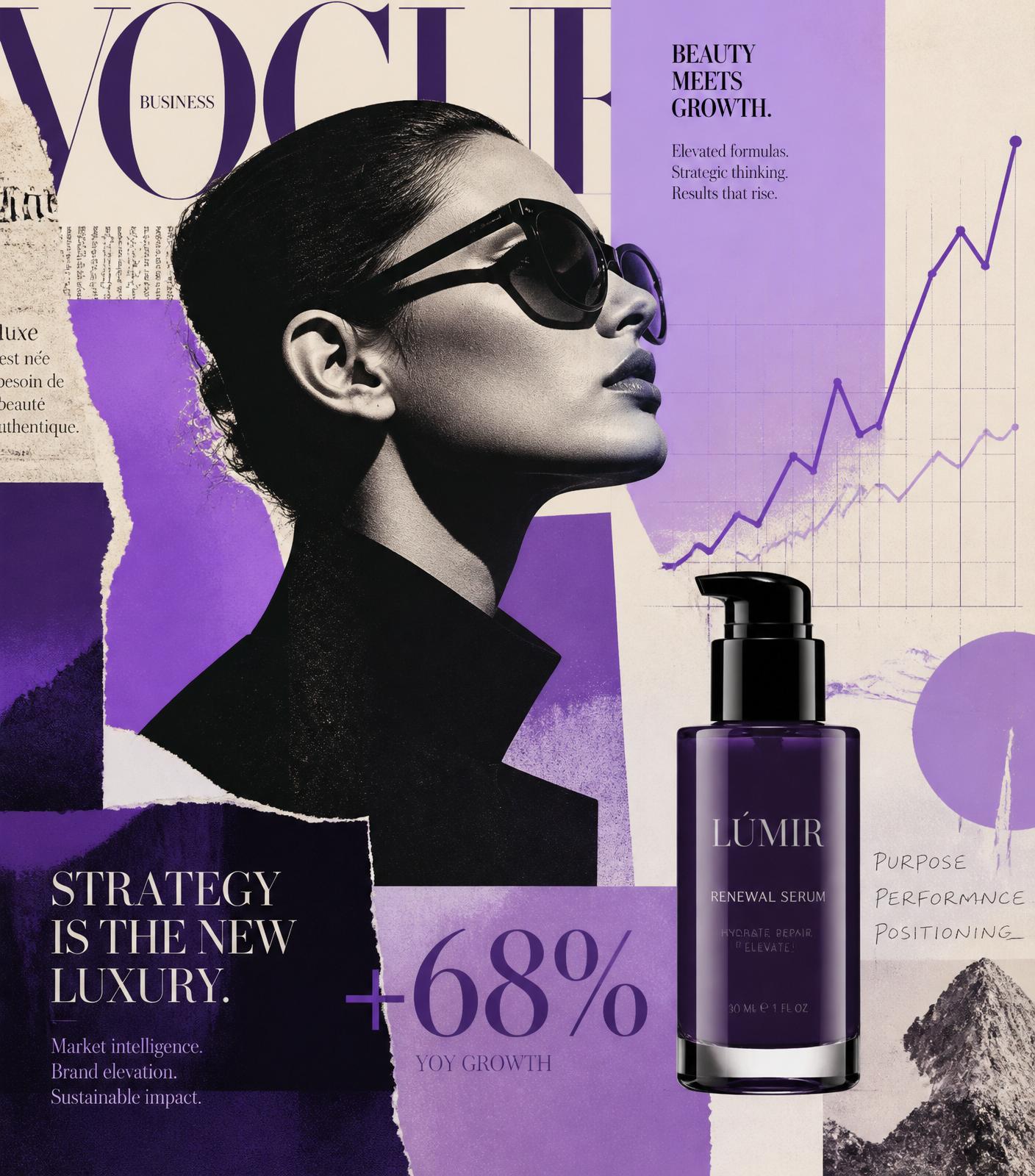 Editorial collage of beauty and fashion brand growth work by DTC Fullcircle Studios